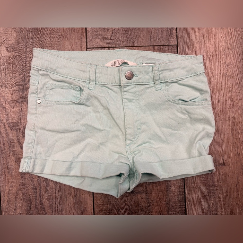 H&M Youth Light Mint Green Roll-Hem Denim Shorts